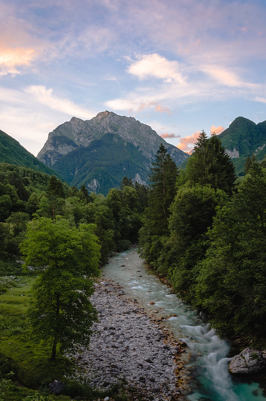 Sunset over the Koritnica river in Slovenia